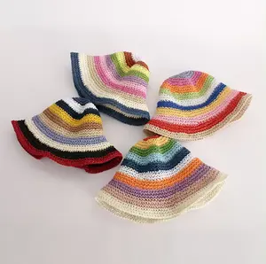 Wholesale Fashion Outdoor Girls Handmade Rainbow Women Colorful Wide Brim Ladies Woven Straw Hat Summer Beach Bucket Hat