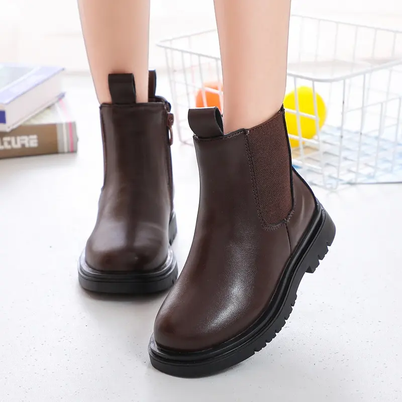 Children's shoes autumn and winter 2021 new casual solid color medium and large children's leather boots single children's Marti