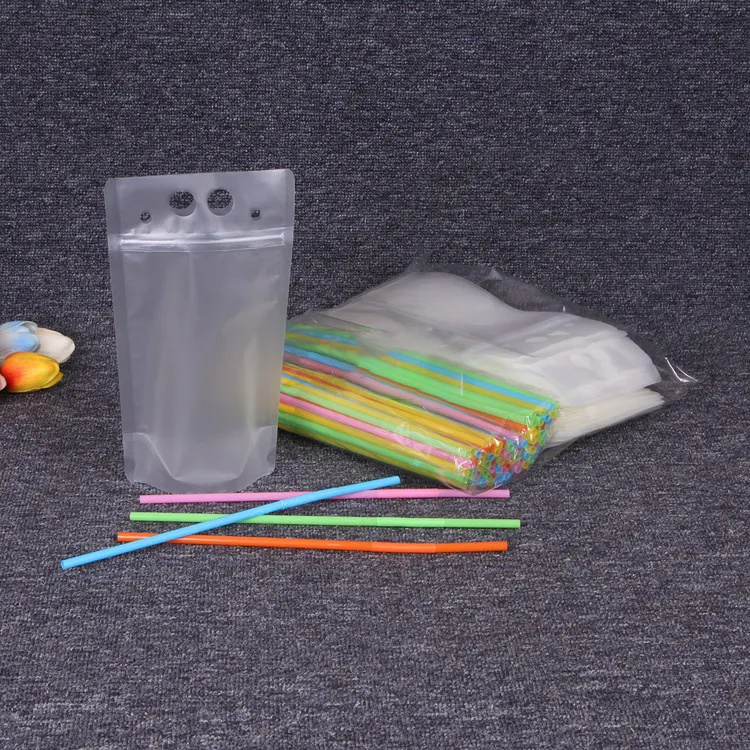 Bolsas de plástico translúcidas para bebidas, bolsas de plástico traslúcidas con cremallera, resplandecibles, con pajita