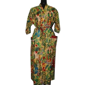 코튼 수제 코튼 인쇄 비치 긴 기모노 민족 목욕 가운 밤 착용 맥시 가운 잠옷 드레스 맥시 가운