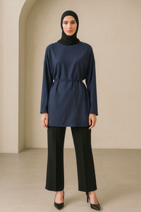 YXT031Muslim - Style Women Clothes: Navy Blue Long - Sleeve <strong>Tunic</strong> Top with Waist Tie for Modest Wear Matching Lugid <strong>Jersey</strong> Scarf - Product Image 3