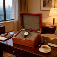 Boîte à montre en bois plaqué finition piano personnalisée avec insert en daim, charnière métallique et bouton-pression pour marques de montres de luxe, vente en gros et présentation