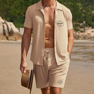 High Quality Cotton Spandex Elastic Anti-Wrinkle <b>Cuban</b> Collar <b>Shirt</b> Elastic Waist Running Shorts Set <b>Men's</b> Shorts and <b>Shirt</b> Set - Product Image 6