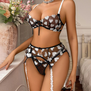 ชุดชั้นในวาเลนไทน์เซ็กซี่ลายลูกไม้รูปหัวใจสำหรับผู้หญิง ชุดชั้นในแบบซีทรูปักลายพร้อมบราดันทรงและกางเกงในพร้อมสายรัดถุงน่อง ชุดชั้นในโรแมนติกระบายอากาศได้ดี - Product Image 4