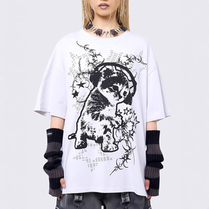 Poshprincess Esclusiva maglietta in stile europeo dal taglio ampio, sexy, estiva, retrò, con stampa gatto Y2K, a maniche corte, girocollo - Product Image 1