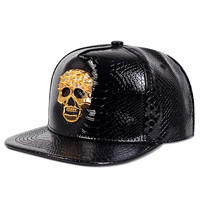 Casquette de baseball en cuir PU imperméable, motif tête de mort Hip Hop, 6 panneaux, réglable, à visière plate, pour sports de plein air, hommes et femmes
