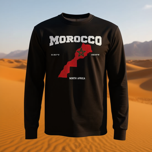 Camiseta de manga larga con coordenadas del mapa de la bandera de Marruecos, diseño del norte de África - Product Image 3