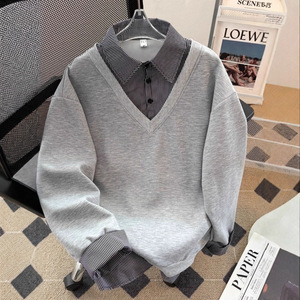 <span class=keywords><strong>Pull</strong></span> simple rétro à col chemise effet deux-pièces pour <span class=keywords><strong>homme</strong></span>, style universitaire décontracté, coupe ample, à manches longues, printemps 2026 - Product Image 1