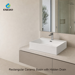 Lavabo rectangulaire en céramique multi-installation avec vidange et trop-plein dissimulés pour hôtels et villas - Product Image 2
