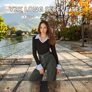 T-shirt <span class=keywords><strong>femme</strong></span> à manches longues, coupe slim, respirant, tricoté, uni, style Y2K, mode automne, haut deux pièces - Product Image 2