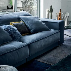 Super Cozy BUDAPEST SOFT Leather Sofa Italian High Class Navy Blue Modern Sofa Set Living room Furniture 3 Seats Chaise Couch