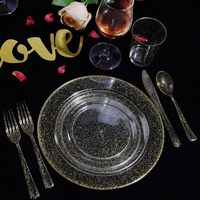 175 pièces de vaisselle en plastique doré pailleté avec couverts et gobelets, comprenant 50 assiettes, 50 fourchettes, 25 couteaux, 25 cuillères, 25 gobelets