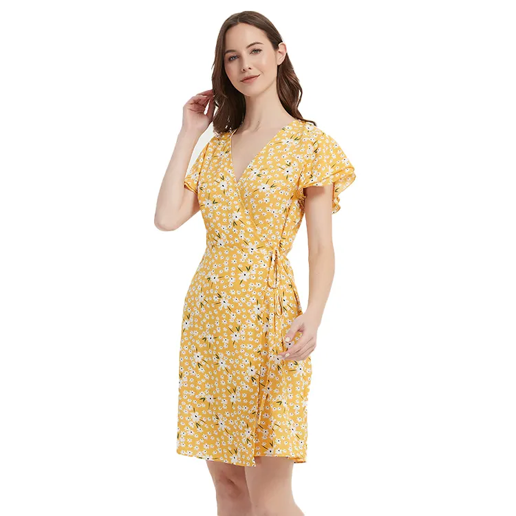 Supplier Direct Summer Casual Yellow Sweet V-neck Floral Skirt Lace-up Dress