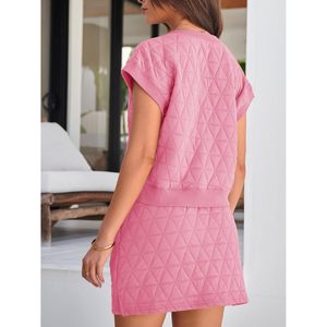 Fisoew Conjunto de 2 piezas para mujer, top de manga corta con cuello en V y minifalda, conjunto informal para estar en casa, primavera y verano, tejido transpirable - Product Image 4