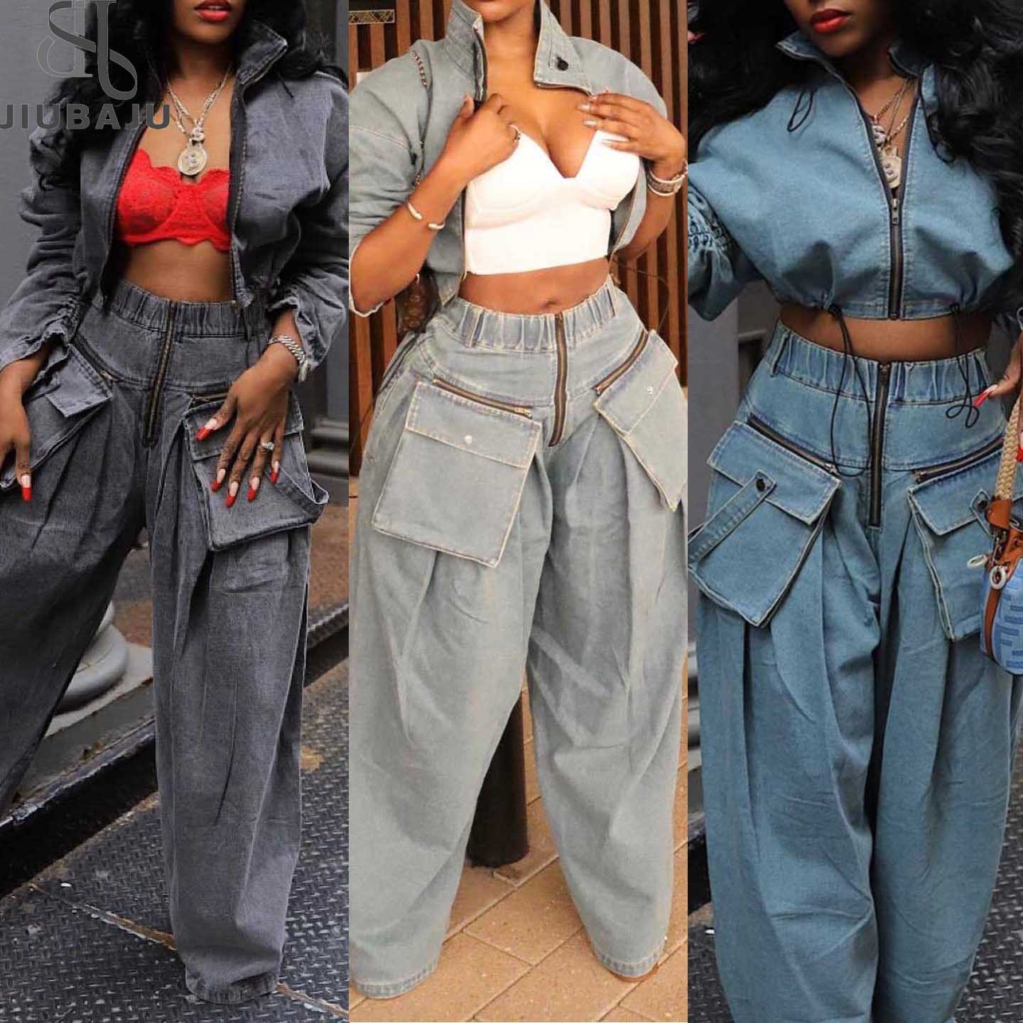 Denim Hàng Hóa 2 Mảnh Thiết Lập Phụ Nữ Đứng Cổ Áo Dài Tay Áo Zip Jeans Áo Khoác Crop Top Túi Cao Eo Rộng Quần Chân Phù Hợp Với