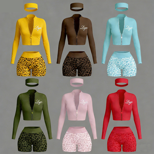Completo Estivo Personalizzato da <span class=keywords><strong>Donna</strong></span>: Giacca e <span class=keywords><strong>Pantaloncini</strong></span> Streetwear, Set 3 Pezzi, <span class=keywords><strong>Tuta</strong></span> Sportiva con Stampa Leopardata e Zip - Product Image 1