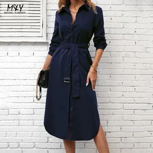 New arrived women's daily work office casual shirt dress fashion loose fitting straight Solid Button Front Belted dresses