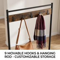 Porte-manteau industriel en métal sur pied pour entrée, avec banc à chaussures, étagères de rangement, 9 crochets mobiles et tringle de suspension