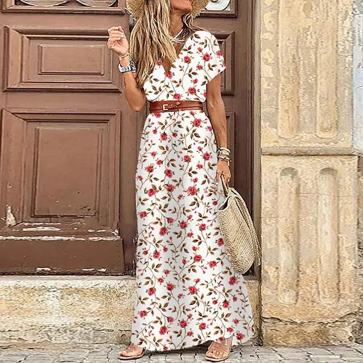 2023 महिलाओं ग्रीष्मकालीन Boho प्रिंट पोशाक सुरुचिपूर्ण वी गर्दन लघु आस्तीन बेल्ट बड़े हेम लंबी पोशाक विंटेज समुद्र तट पार्टी मैक्सी पोशाक