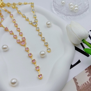 Coreano de lujo Rosa melocotón corazón diamante colgante collar circón tenis cadena gargantilla collares nupcial boda joyería conjuntos - Product Image 4