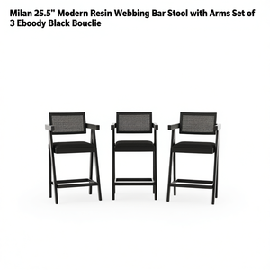Taburete de bar moderno de resina con tiras de tela Milan, 25.5 pulgadas, con brazos, juego de 3, negro Boucle - Product Image 1