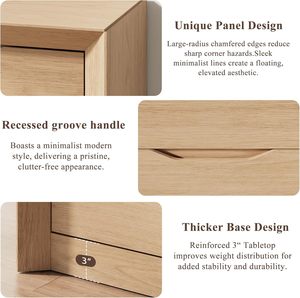 Wide Natural Oak <b>6</b> <b>Drawer</b> Dresser Hidden Recessed Tab Handles 2in Thick Top Anti-Tip Device Mid Bedroom Storage Chest - Product Image 3
