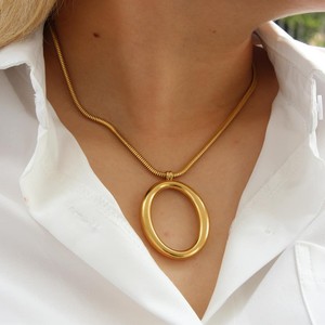 Ensemble collier et boucles d'oreilles en acier inoxydable pour femme, pendentif géométrique circulaire elliptique plaqué or 18 carats, bijoux minimalistes tendance - Product Image 2