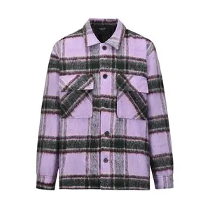 2023批发时尚长袖格子衬衫嘻哈风格厚粉色紫色羊毛格子衬衫定制法兰绒衬衫