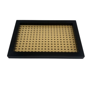 Rattan Tray Wooden Tray High Quality Boho Wooden Rattan Cane Jewellery Kitchen Present Storage Rectangle Serving Tray