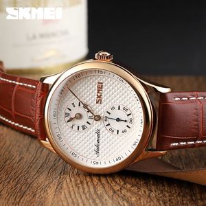 <b>Skmei</b> Trendy 40mm Grid Texture Dial High Quality Leather Hollow Mechanical <b>Watch</b> with Day Function Waterproof 3bar for Men - Product Image 5