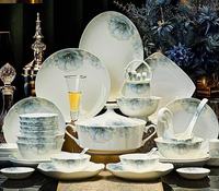 Service de table en porcelaine fine bleue, motif floral teinté à l'encre, avec bol et assiette, résistant à la haute température et au glaçure, pour la maison
