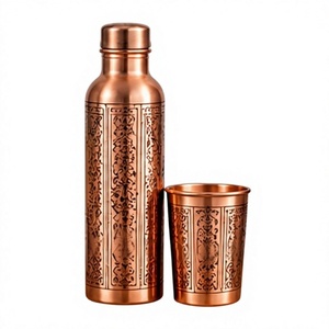 Classic Copper <b>Water</b> <b>Bottle</b> with Lid and Engraved Cup Oriental Carved Pattern <b>Metal</b> Flask Set - Product Image 1