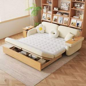 Modern Solid Wood <b>Storage</b> <b>Sofa</b> <b>Bed</b> Cream Color Foldable With Drawer For Small Bedroom Kids And Adults - Product Image 1