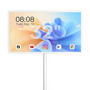 Support <span class=keywords><strong>TV</strong></span> <span class=keywords><strong>mobile</strong></span> portable blanc de 32 pouces avec roulettes, rotation complète, moniteur 4K, batterie intégrée, intelligent, sans rétroéclairage - Product Image 1