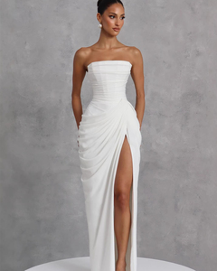 Abito lungo elegante da donna senza spalline con drappeggio, allacciatura posteriore e spacco alto, aderente, per serate formali, matrimoni e balli di fine anno - Product Image 5