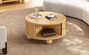 Modern Durable Round Fluted Coffee Table with Storage Pine <b>Solid</b> <b>Wood</b> Sliding Door Living Room Furniture - Product Image 3