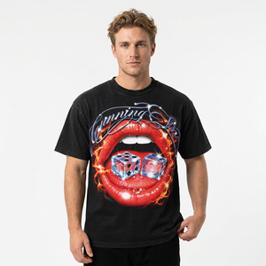 <b>Men's</b> Black 100% Cotton Formal T-Shirt with Red Lips and Dice Print Short Sleeve <b>Turtleneck</b> Regular Fit - Product Image 6