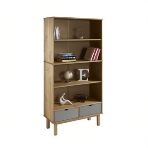 Bibliothèque OTTA en bois de pin massif, 4 étagères, 2 tiroirs, gris, style scandinave moderne, meubles de salon - Product Image 1