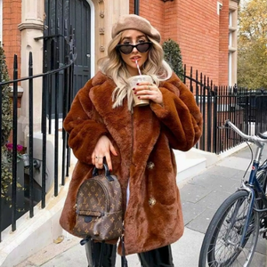 Abrigo largo de piel sintética de tejido fino para <span class=keywords><strong>mujer</strong></span>, cálido, elegante, vintage, ajustado, de invierno, grueso, con solapa y <span class=keywords><strong>cuello</strong></span> <span class=keywords><strong>Mao</strong></span>, de lujo ligero. - Product Image 6