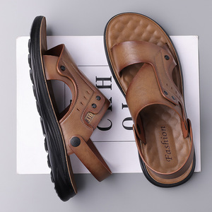 T-Strap Men's <b>Sandals</b> Brown Black Thick Sole Breathable Leather Slip-On Summer Casual Shoes - Product Image 3