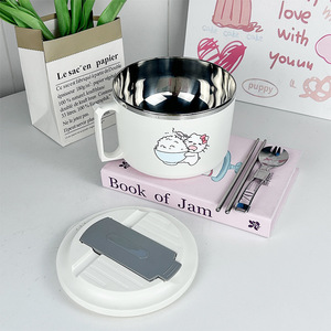 Tazón de fideos instantáneos con tapa, diseño de dibujos animados de acero inoxidable, engrosado y profundo, para dormitorios de estudiantes, vajilla plegable - Product Image 2