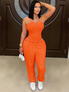 C0475 Retro <strong>Strapless</strong> Slim Fitting <strong>Bodysuit</strong> and Sport Pants Knitted High-quality Two Piece Set Women - Product Image 5