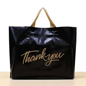 Custom Black Plastic Thank You Poly Bags Loop Handles LDPE/HDPE Tote Shopping Plastic Bag with own logo for Clothing Packaging