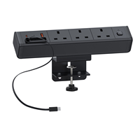 Multiprise de bureau intelligente dissimulée avec ports USB QC 18W, PD 20W et 3 prises UK, noire, à fixation par pince pour maison et bureau