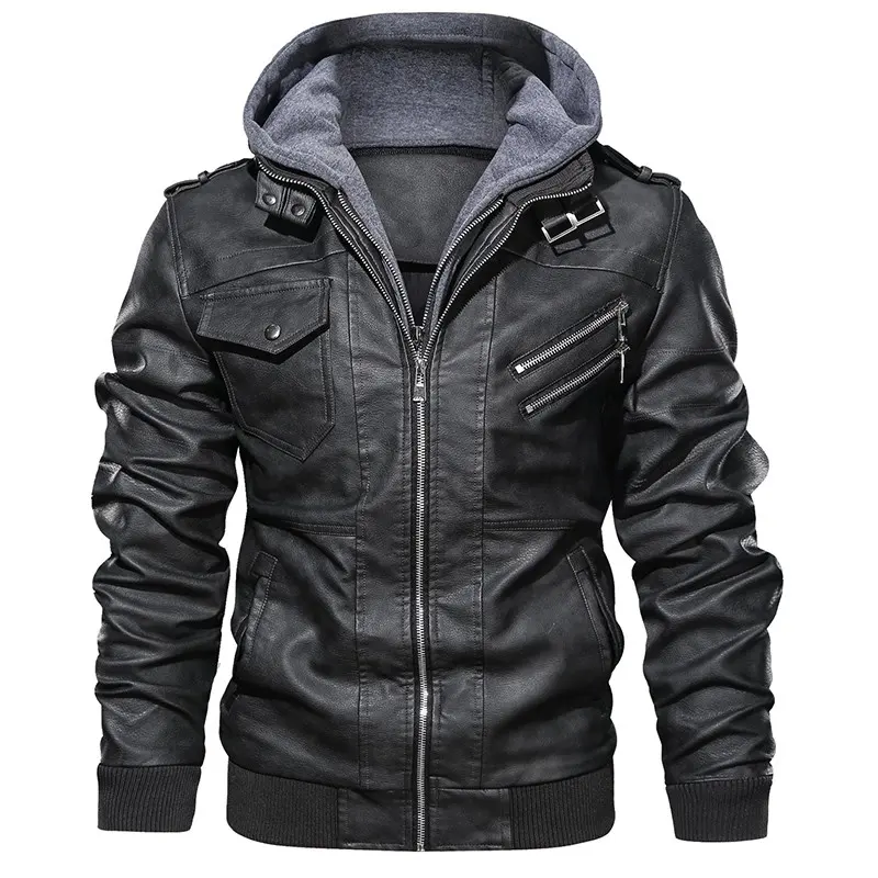 Winter men's pu leather motorcycle jacket with hat windproof