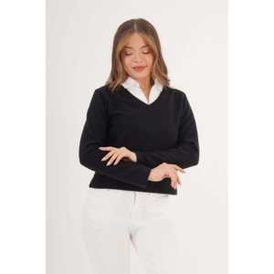 Chemise élégante en tricot noir pour femme avec col contrastant, idéale pour le bureau - Product Image 5