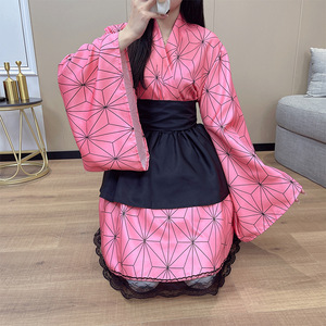 Disfraz de Cosplay de Nezuko Kamado de Demon Slayer, Vestido de Anime para Mujer, Patrón Geométrico Rosa y Negro, Conjunto Completo - Product Image 2