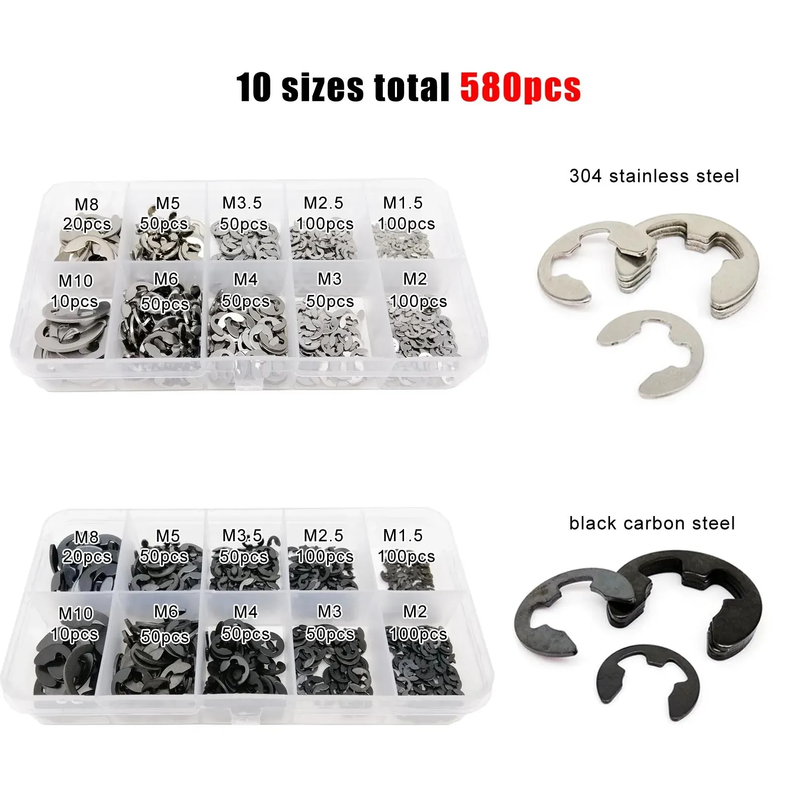 580pcs/set Assortment Kit 10 sizes 1.5-10mm Black or Stainless Steel Shaft External Retaining Ring E Clip Snap Circlip Washer