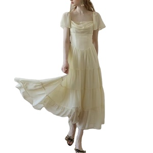 Elegante stile quadrato collo A cappuccio <span class=keywords><strong>giallo</strong></span> <span class=keywords><strong>chiffon</strong></span> una linea maxi abiti da donna moda donna abbigliamento - Product Image 6