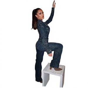 Women's Denim <b>Jumpsuit</b> Long Sleeve High Waist Full Length Skinny Fit Turn-down Collar <b>With</b> <b>Pockets</b> Casual Street Wear - Product Image 1